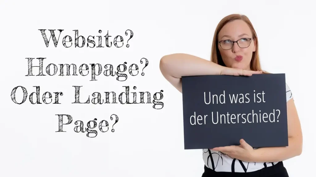 melanie hält ein schild hoch: website, homepage, oder landingpage,